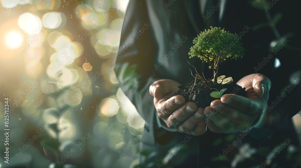 Aufkleber A businessman holding a coin with a tree that grows and a tree that grows on a pile of money The idea of maximizing the profit from the business investment : Generative AI