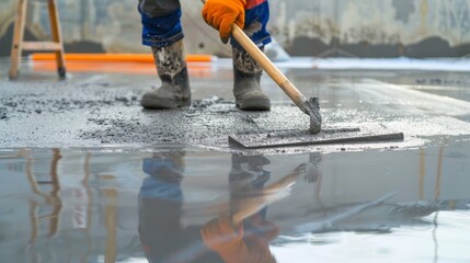 A worker using a bull float to smooth out the surface of the concrete creating a sleek and polished finish that will provide a solid base for the buildings floors.