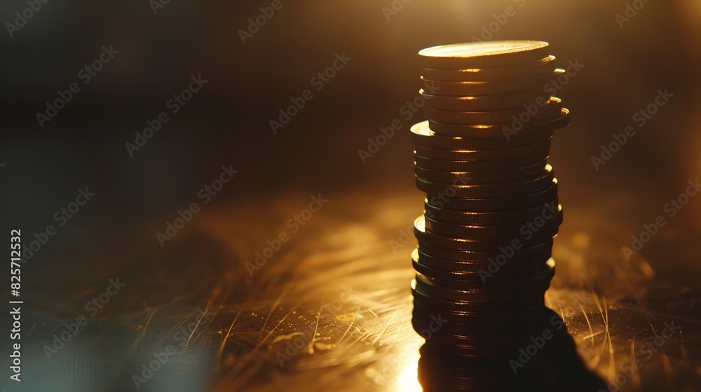 Poster close up stack of coin on table background and business or finance saving money : generative ai