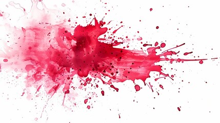 Ruby-colored paint splatters artistically arranged on a pristine white background, showcasing a harmonious blend of color and space
