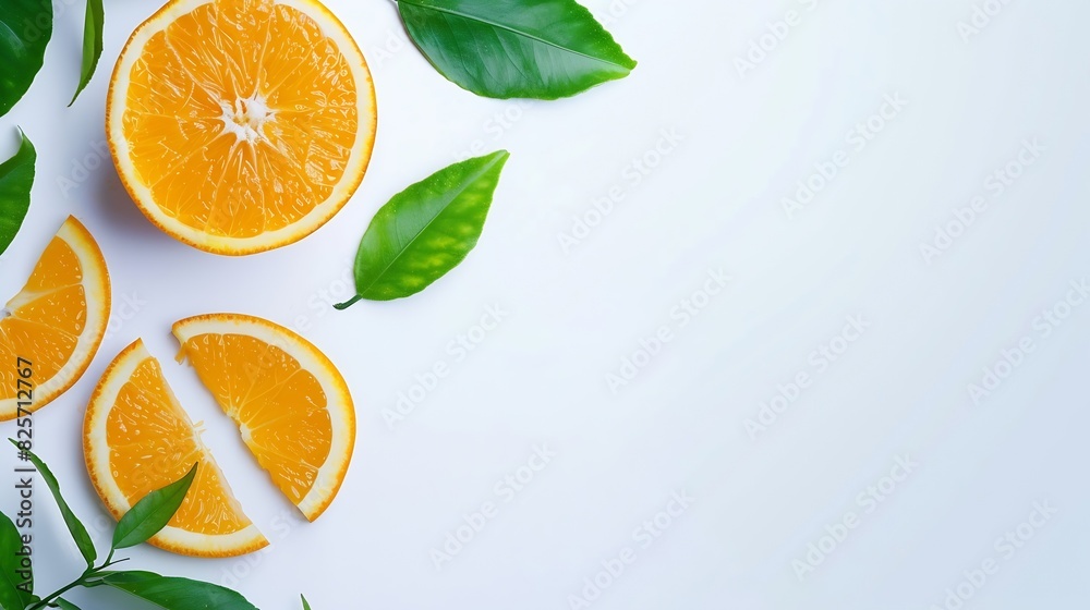 Poster Orange slice isolate Orange fruit slices and a whole with leaves on white background Orang with full depth of field : Generative AI