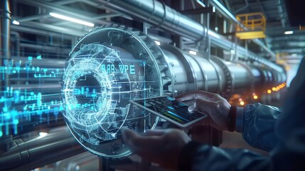 Process for mobile charging on an industrial pipe with holographic data visualizations and workers using digital devices to monitor energy performance in realtime