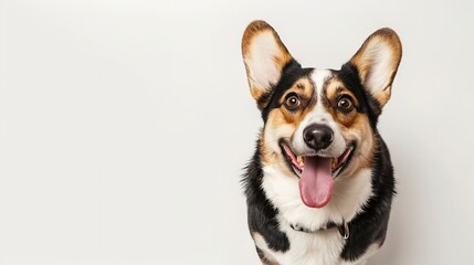 studio portrait of tri color brown black and white corgi dog standing and smiling with tongue sticking out against a white background : Generative AI