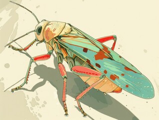 A colorful grasshopper with blue and red wings rests on a light beige background.