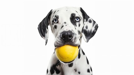 Cute dalmatian dog holding a yellow ball in the mouth Isolated on white background : Generative AI