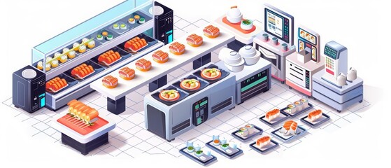 A futuristic isometric set of a sushi conveyor belt restaurant with advanced technology, model isolated white background