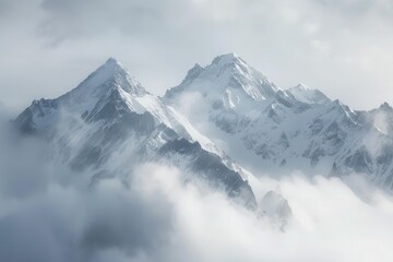A majestic mountain range cloaked in mist, with snow-capped peaks piercing through the clouds, creating a breathtaking panorama that evokes a sense of awe.