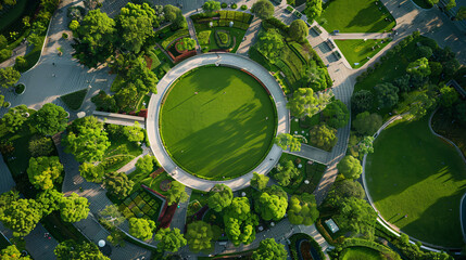 Obraz premium Aerial View of Green Park with Circular Path for Landscape Design with copy space text for social media