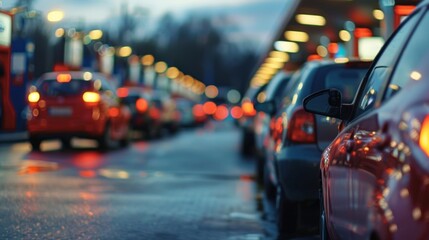 A long line of cars waiting for their turn at a busy service station with multiple petrol pump attendants.