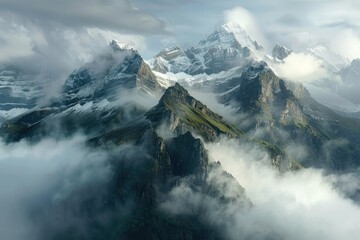 A majestic mountain range cloaked in mist, with snow-capped peaks piercing through the clouds, creating a breathtaking panorama that evokes a sense of awe.
