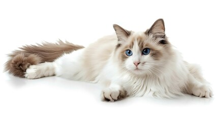 Pretty bicolor Ragdoll cat laying down facing front Looking at camera with dark blue eyes Isolated on a white background : Generative AI