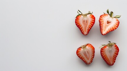 Isolated strawberries Three fruits one cut in half on white background : Generative AI