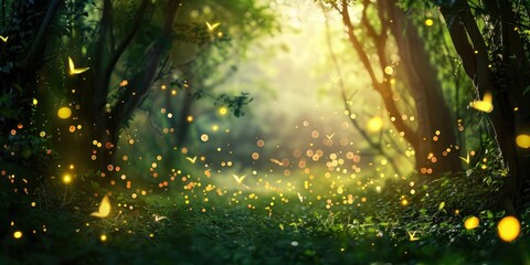 A magical forest glade with bokeh fireflies dancing among the trees.