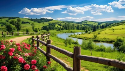 A stunning spring day landscaping views of fertile land surrounded beautiful green vegetation, wide stretches of hills and mountains with clear skies in spring