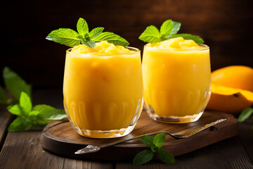 Two glasses of mango smoothie garnished with fresh mint leaves, placed on a wooden board, with diced mangoes and mint leaves on the side, vibrant and refreshing