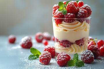A glass of dessert with whipped cream and raspberries on top