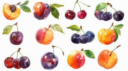 A set of watercolors of stone fruits including peaches, plums, and cherries, capturing their luscious and sweet essence Clipart isolated with a white background