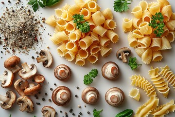 Pasta with mushrooms and ham, top view. Closeup of pasta conchiglie in shell shapes with green spring peppers on a white background
