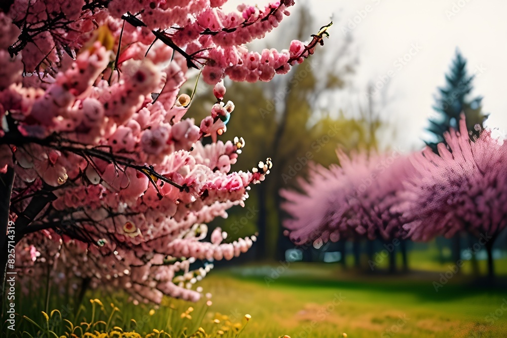 Wall mural pink nature landscape, spring background flowers park outdoors. generative ai