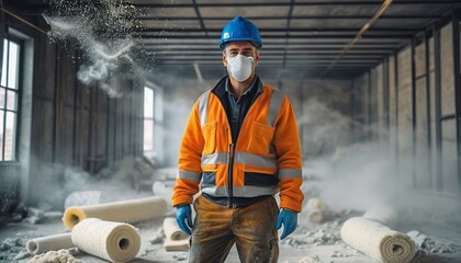Construction Worker in Protective Gear Amidst Glass Wool Dust