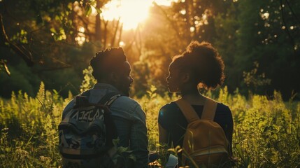 Fototapeta premium Back-to-Back Heart-to-Heart Conversations of Multicultural Couple in Grasslands. 4K HD Wallpaper，on a date