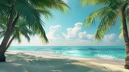 A refreshing tropical beach scene with palm trees swaying in the breeze, epitomizing the hot summer season.
