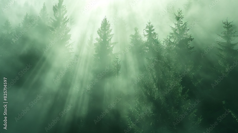 Wall mural green foggy forest with tall trees, light coming through the tree tops, close up, grainy look - Wall murals