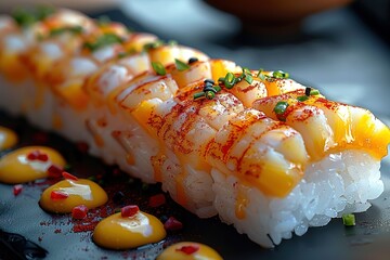 A long roll of sushi with a yellow sauce on top