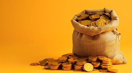 Gold coins in sack Gold money on orange background Copy space A pile of coins A bag with gold coins Treasure hunt : Generative AI
