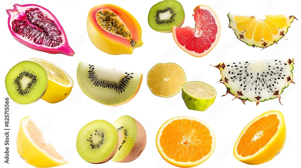 Poster isolated fruits slices pieces of lemon kiwi passion fruit dragon fruit mangosteen grapefruit orange 