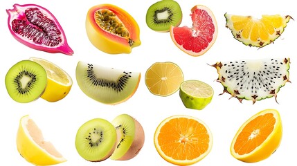Isolated fruits slices Pieces of lemon kiwi passion fruit dragon fruit mangosteen grapefruit orange lime and pineapple isolated on white background with clipping path : Generative AI