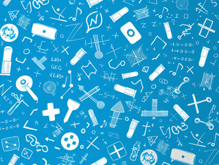 Obraz premium Blue Background with White Science and Technology Icons for Education and Research with copy space text for social media