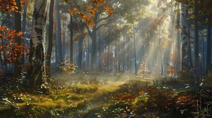 A secluded forest clearing with sunlight streaming through the trees, illuminating the vibrant foliage and creating a serene ambiance.