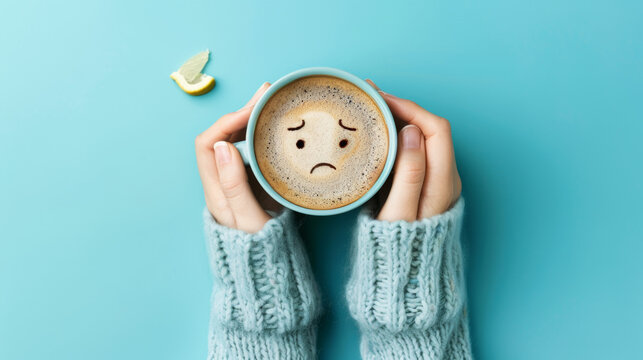 Photos of hands holding coffee cups with sade faces
