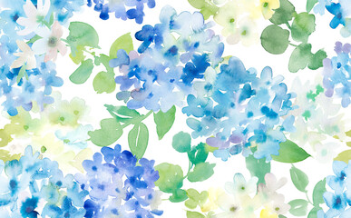 Seamless pattern of abstract hydrangea painted in watercolor with transparent background