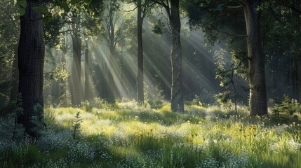 A secluded woodland glade with sunlight filtering through the trees, illuminating the forest floor and creating a serene atmosphere.