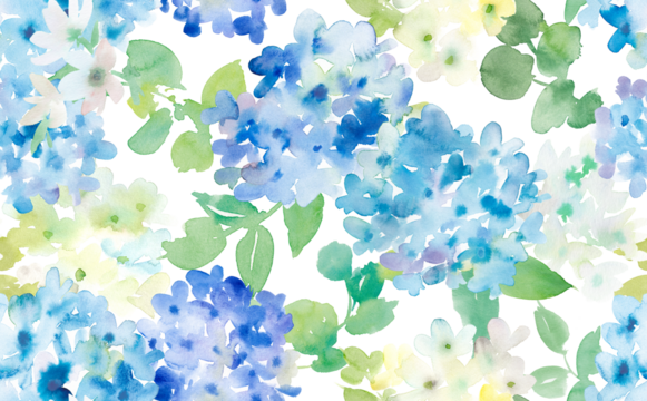 Seamless pattern of abstract hydrangea painted in watercolor with transparent background