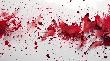 Ruby paint splatters arranged in a mesmerizing composition on a backdrop of pure white, evoking a sense of wonder and fascination