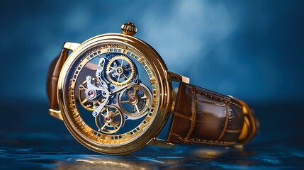 Golden wristwatch with a visible clockwork on blue background