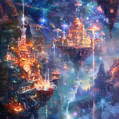 Vibrant Fairytale Village: Graphic background for decorating works, mobile screens, or as a background image.