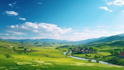 A stunning spring day landscaping views of fertile land surrounded beautiful green vegetation, wide stretches of hills and mountains with clear skies in spring