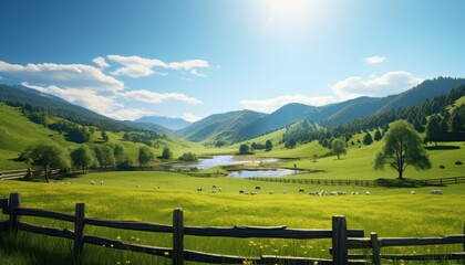 A stunning spring day landscaping views of fertile land surrounded beautiful green vegetation, wide stretches of hills and mountains with clear skies in spring