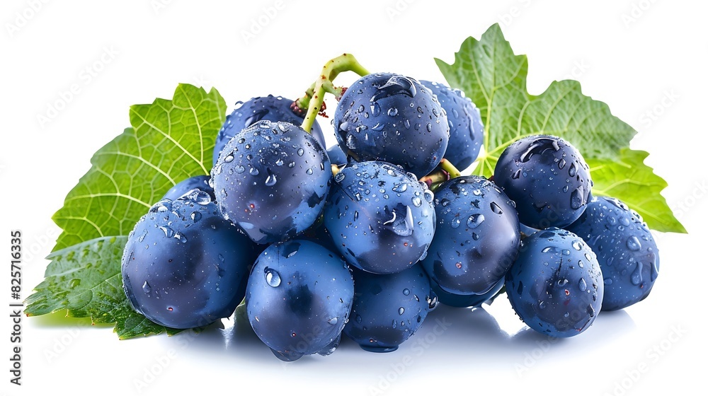 Poster Dark blue grape with leaves isolated on white background Wet fruit With clipping path Full depth of field : Generative AI