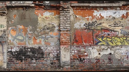 A section of an old brick wall with graffiti art, blending history with modern urban culture.