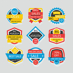 Set of vector red starburst, sunburst badges. Simple flat style vintage labels, stickers with sale discount text. Sale quality tags and labels. Template banner shopping badges