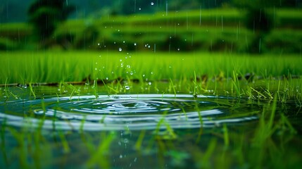 Close-up of rain droplets falling on vibrant green rice paddies, the water creating ripples in the small pools between the plants, capturing the essence of a nourishing rainfall in a rural setting