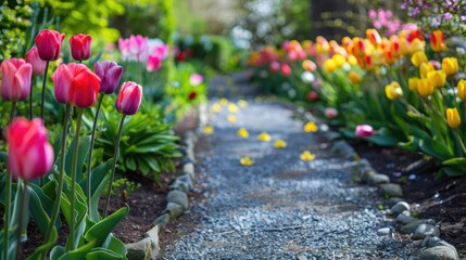 A serene garden pathway lined with blooming tulips of various colors, inviting a peaceful stroll.