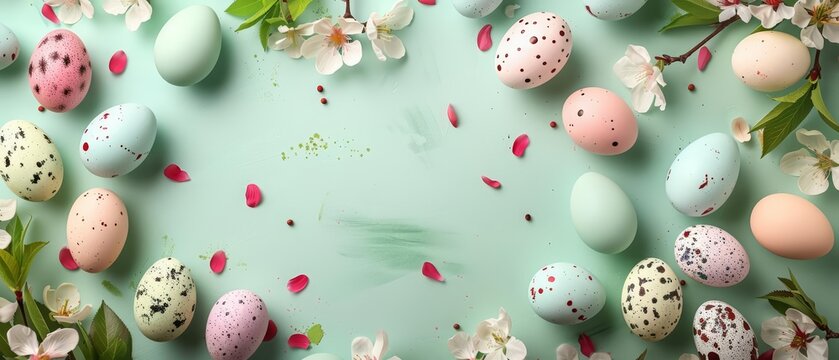 Creative greeting cards blank template illustration of an Easter celebration, featuring playful pastelcolored eggs and spring blossoms