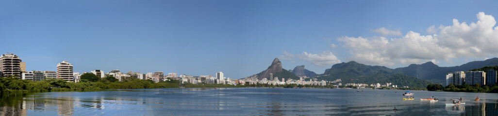 Panoramic photo of Lagoa Rodrigo de Freitas. Lagoa Rodrigo de Freitas. Rio de Janeiro, Ipanema Beach, view of Lagoa Rodrigo de Freitas and the South Atlantic Ocean in the background in Rio de Janeiro