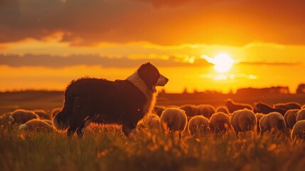 A shepherd's dog herding sheep in a field, with the sun setting in the background.